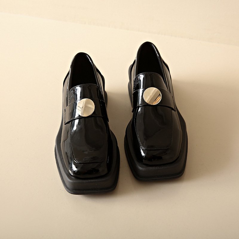 Thick-soled black square-toe British style small leather shoes for women's spring and autumn simple single shoes