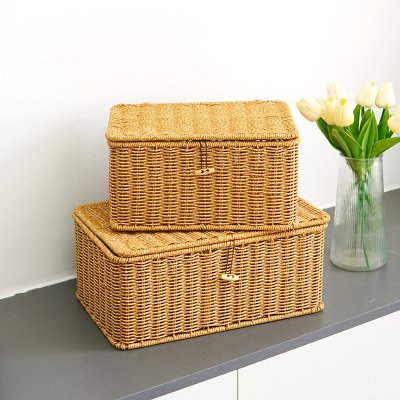 Japanese-style plastic imitation rattan woven storage box with lid household storage basket desktop storage box hand-woven accessories box