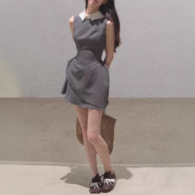 / "Beautiful Eyes" College style detachable collar design waist-hugging wool dress