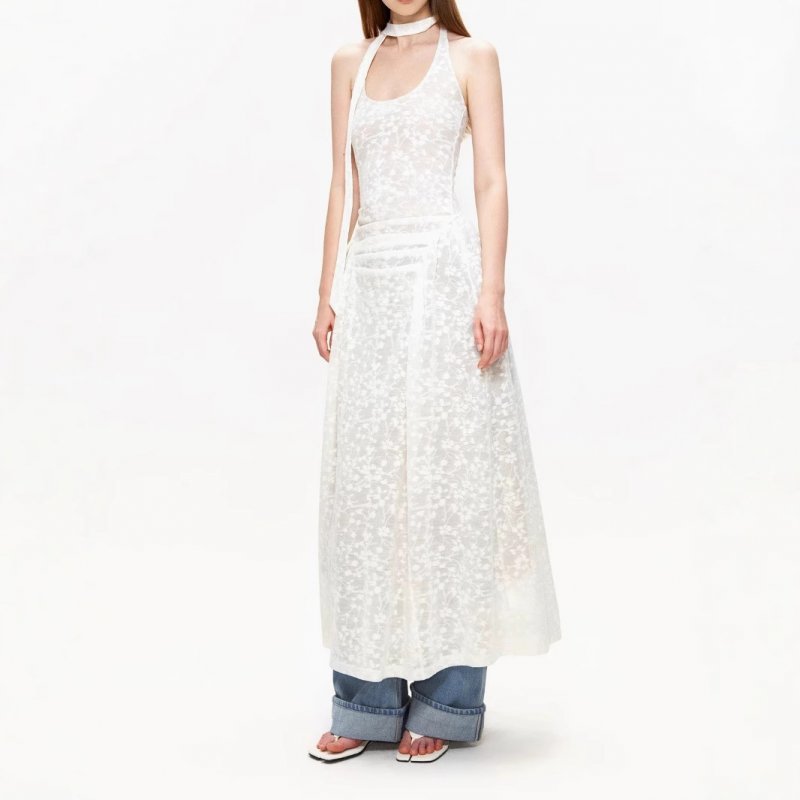 Micro-transparent jacquard dress American hot girl sleeveless high-end vacation style halter neck floral layered long skirt