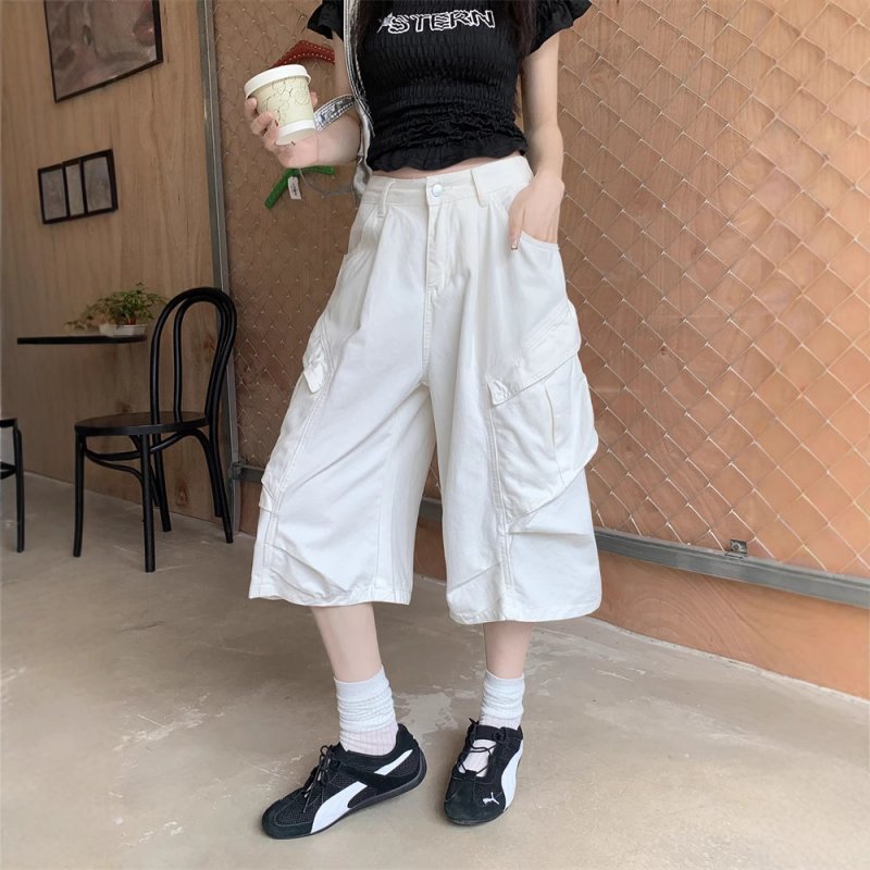 Real shot~ American high street large pocket work jeans for women with high waist loose design wide-leg cropped pants