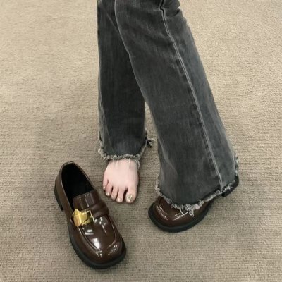 French leather shoes for women retro British style black shoes for spring shallow mouth thick high heels