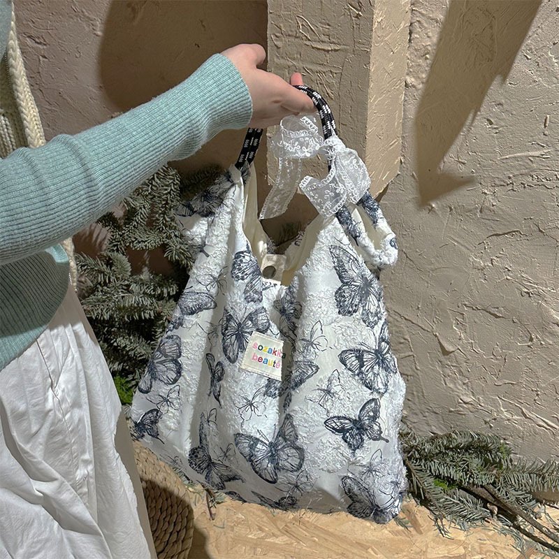 Forest Chinese style canvas handbag shoulder bag fairy lace butterfly student satin tote bag