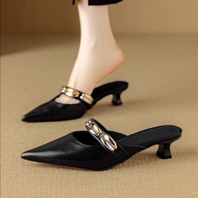 French temperament with skirt, bag-toe half slippers for women, soft leather mid-heeled sandals pointed toe high heels