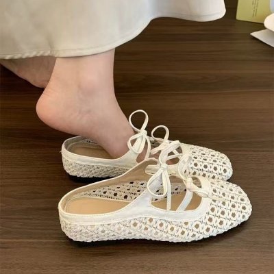 Baotou half-tug empty women's shoes wearing summer beach slippers French bow-tight high-enhancing shoes single shoes