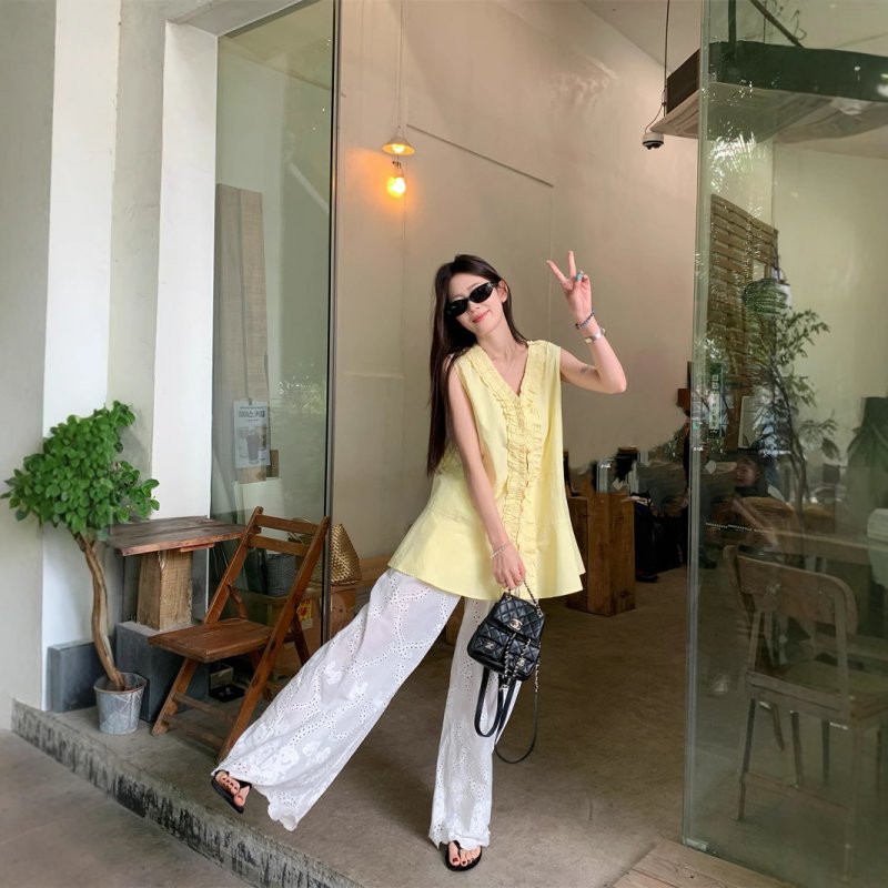 Real photos of Korean style, loose slim collar shirt, casual and versatile lace wide-leg pants suit for women