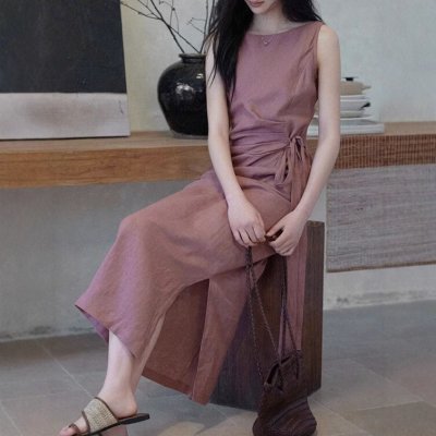 Eryang Design [Lewei] Linen round neck sleeveless dress for women with lace-up waist commuter versatile skirt