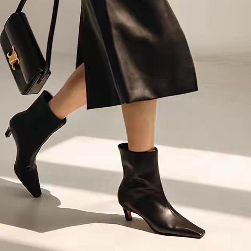 2019 Autumn and Winter Simple Cat Heel Slim Boots Niche French Small Ankle Boots Soft-Skinny Square-toe High-Heeled Short Boots Women