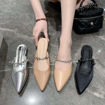 Baotou half slippers for women's pointed toe flat rhinestone chain silver mules outside sandals