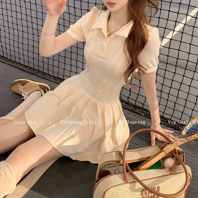Tennis Girl Princess waistline classic skirt sporty waist-hugging lapel dress