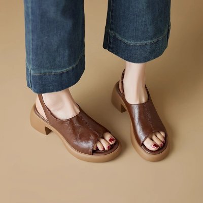 French simple style fish mouth sandals for women in spring and summer soft leather simple back tripping thick heels