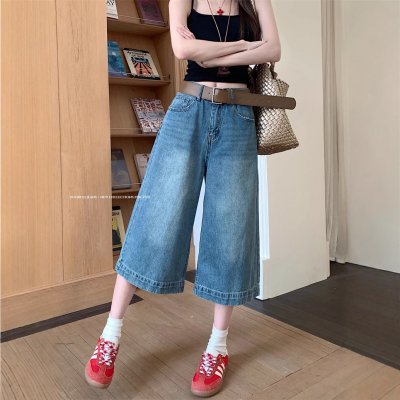 Real photo American retro jeans for women in summer design high waist wide-leg cropped pants medium pants