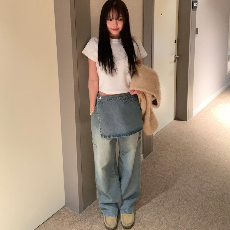 Spring fashionable butt curtain removable two-piece set retro pocket design Korean style versatile jeans for women