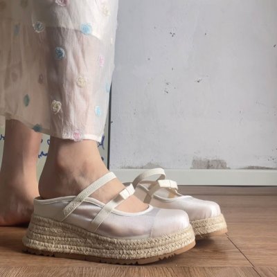 Small black line retro polka dot mesh thick-soled sandals for women spring and summer bow wedge sponge cake shoes knitted single shoes for women