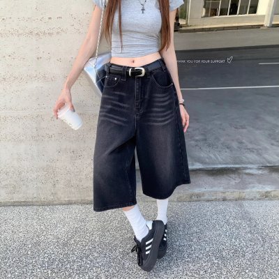 Real photo of summer American black wide-leg pants split jeans retro washing and old-top pants design