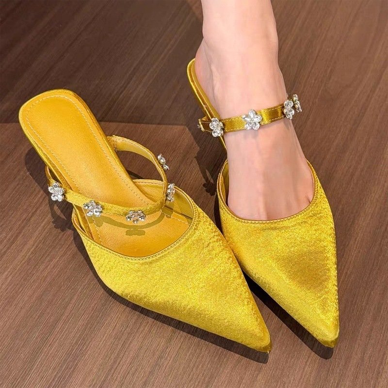 Gentle bagged half slippers for women in summer evening shoes thin heel pointed toe rhinestone satin style simple mules