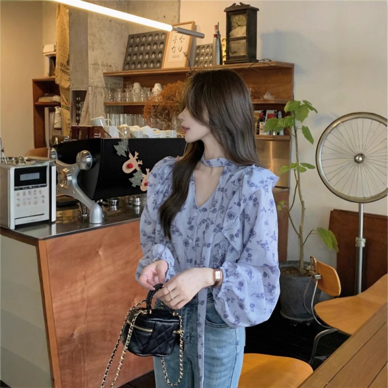 Real photo of early spring French mature style versatile collar shirt single-breasted ruffled lace-up printed top for women