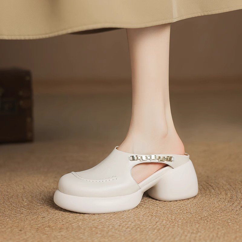 Baotou thick-soled sandals for women with soft leather wearing thick heels semi-drag summer metal buckle high heel fairy slippers
