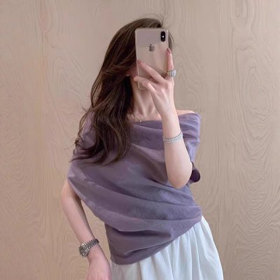 Purple top one shoulder short sleeves for women in summer irregular French large size atmosphere