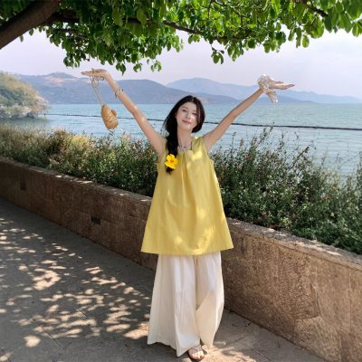 Real photos~ Korean loose slim sleeveless vest dress + versatile large styling pants layered fashion suit