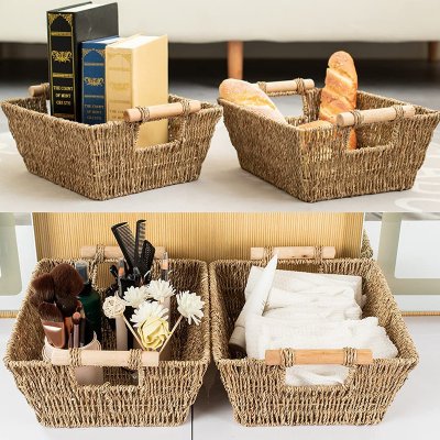 Straw storage basket desktop cosmetics storage basket square toy snack storage basket seaweed weaving