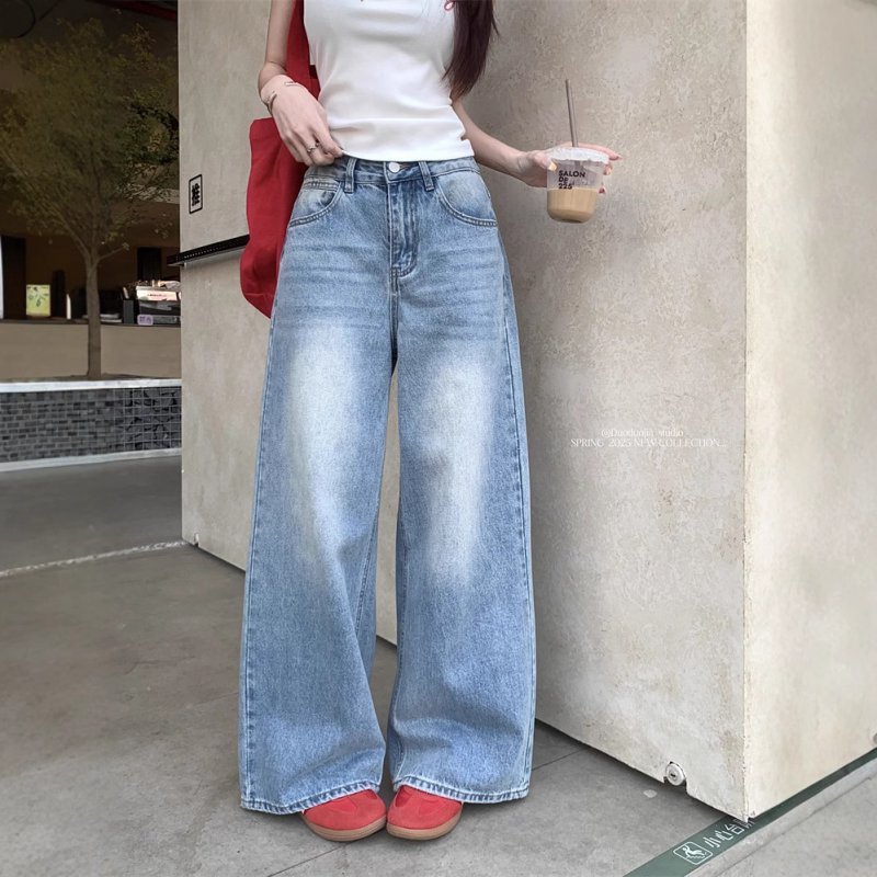 Real shot~Retro washing wide-leg jeans for women in spring high-waisted slimming versatile trousers
