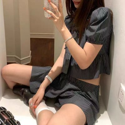 Proportional sweetheart Niche retro striped lace-up puff sleeve short sleeve shirt skirt pants