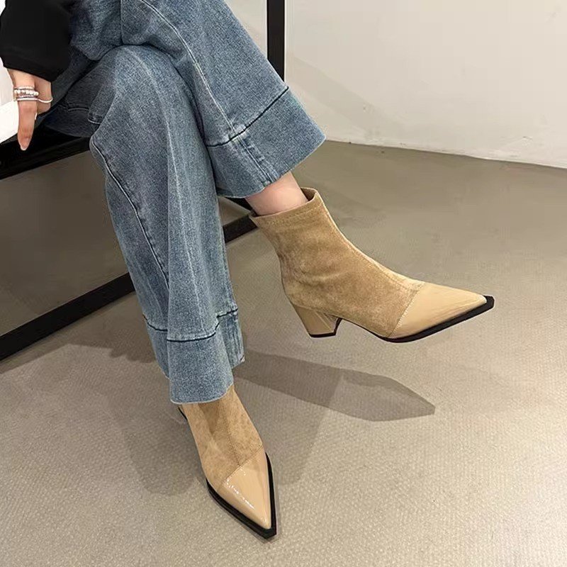 French slim elastic short boots for women in autumn and winter small fragrance style pointed toe thick heel thin boots for women high heels