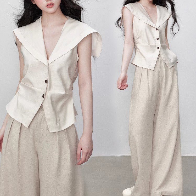 Yuzhi Gao Zhigan Navy neck vest waistband to make you look slim and old-fashioned style sleeveless top in summer